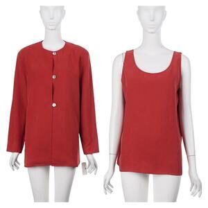 NWT SAKS FIFTH AVENUE Women 2pc Set S/M Red Silk Button Up Blouse Shell Tank